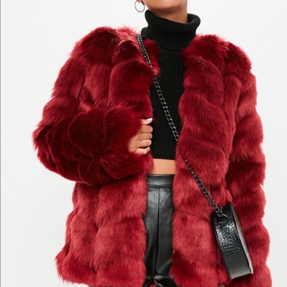 Red faux fur bubble coat